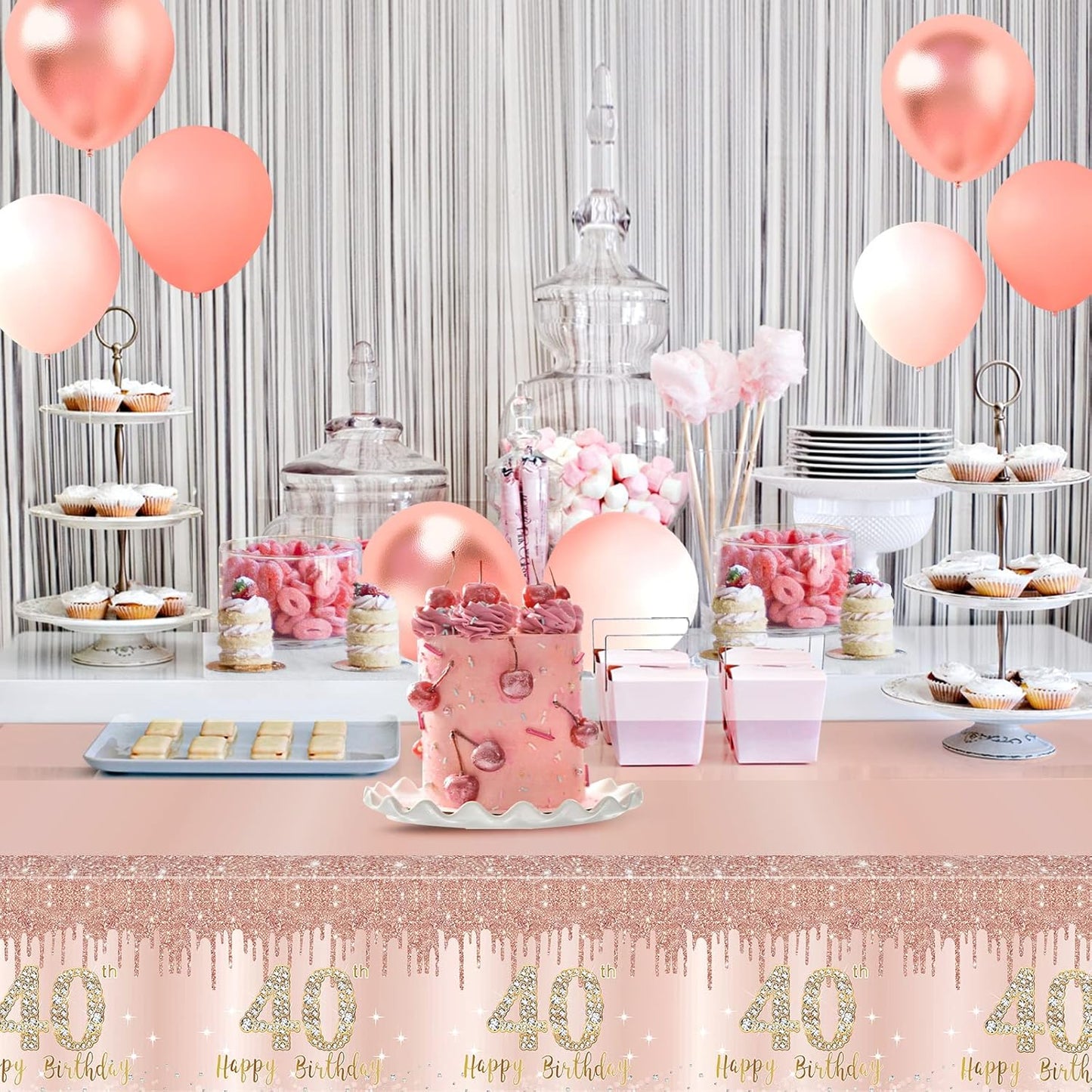 3 Pack Pink Rose Gold 40th Birthday Tablecloth Decorations - Plastic Disposable Rectangular Table Cover Party Supplies