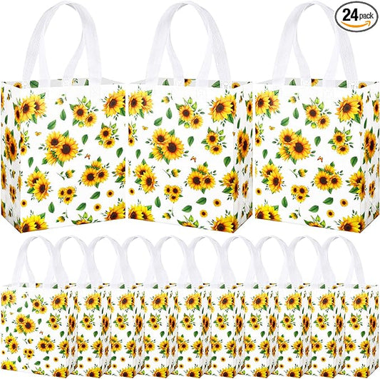 Supervitae 24 Pack Sunflower Theme Gift Bags Medium Goodie Floral Party Favor Bags Reusable Non Woven Totes for Birthday Wedding Baby Shower Party Family Holiday Travel(9.8" x 7.9" x 3.9")