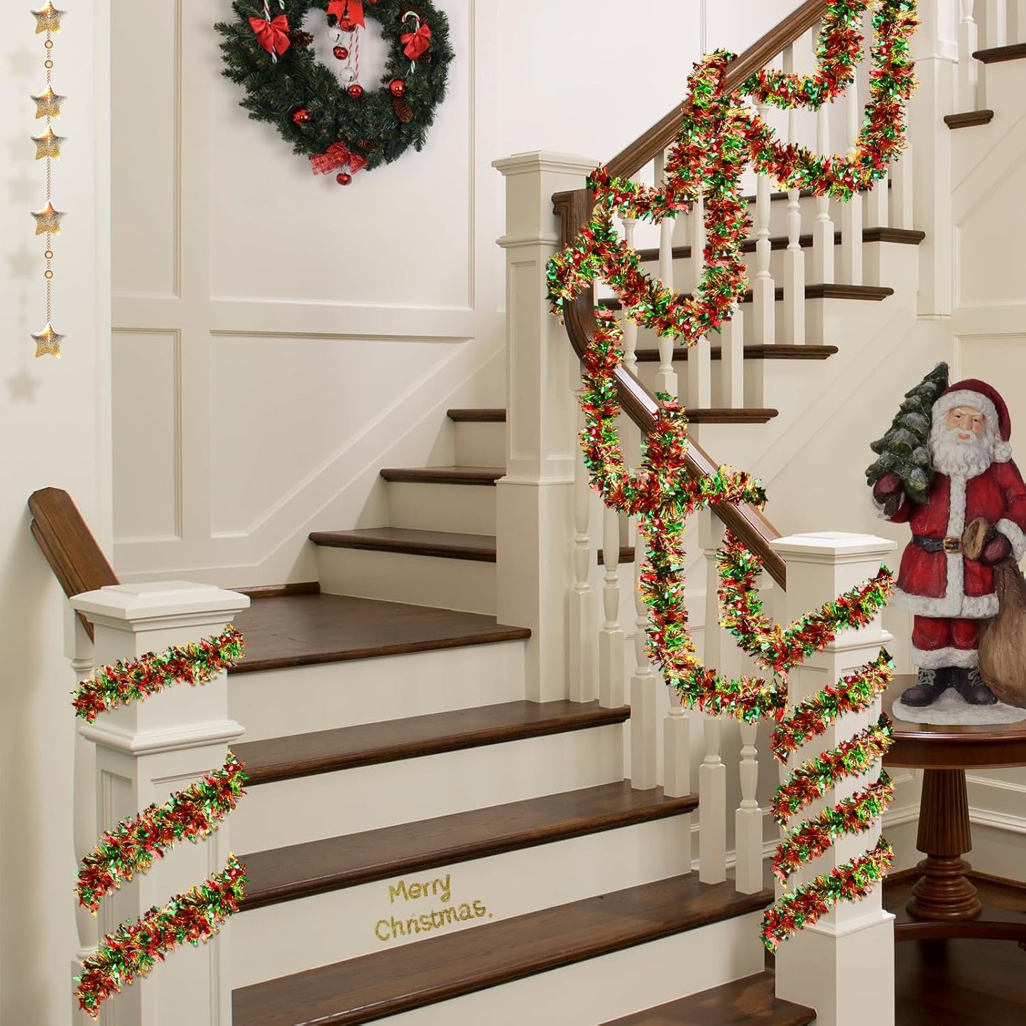 50 Feet Metallic Twist Tinsel Garland - Shiny Hanging Ornaments for Christmas Tree Indoor/Outdoor Decor (Red, Green, Gold)