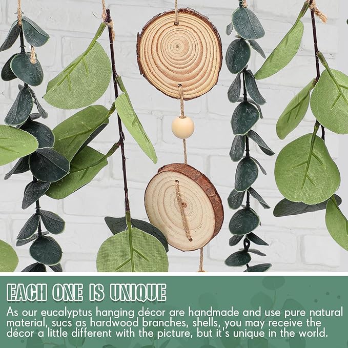 Juexica Artificial Hanging Eucalyptus Wall Decor Boho Bedroom Wall Decor with LED String Light for Home Office Farmhouse Nursery Bathroom Kitchen (Wooden Tassel)