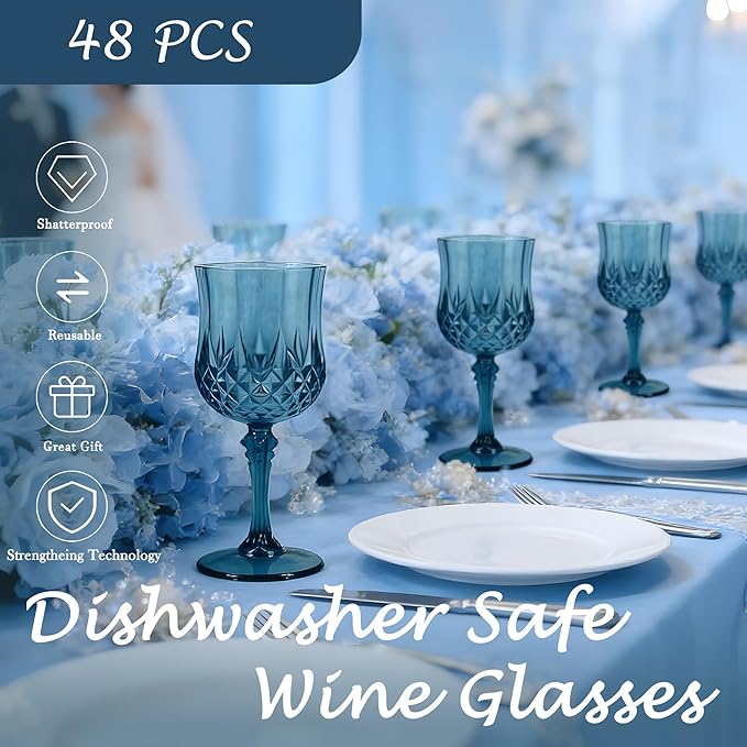 Plastic Wine Glasses, Plastic Goblets Vintage Style Cordial Unbreakable Drinking Glasses, Reusable Drinkware for Wedding Reception, Grand Event Party Supplies, Easter (48, Navy Blue)