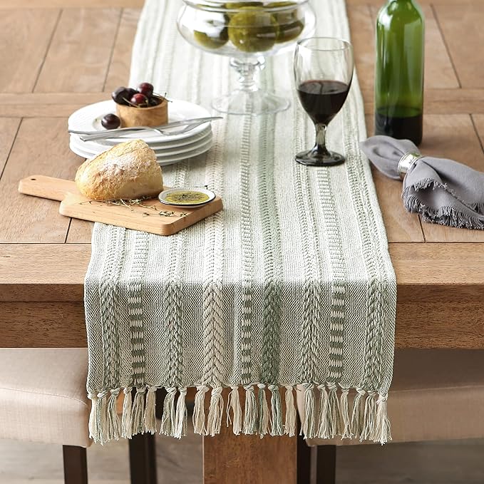 DII Farmhouse Braided Stripe Table Runner Collection, 15x108 (15x113, Fringe Included), Artichoke Green