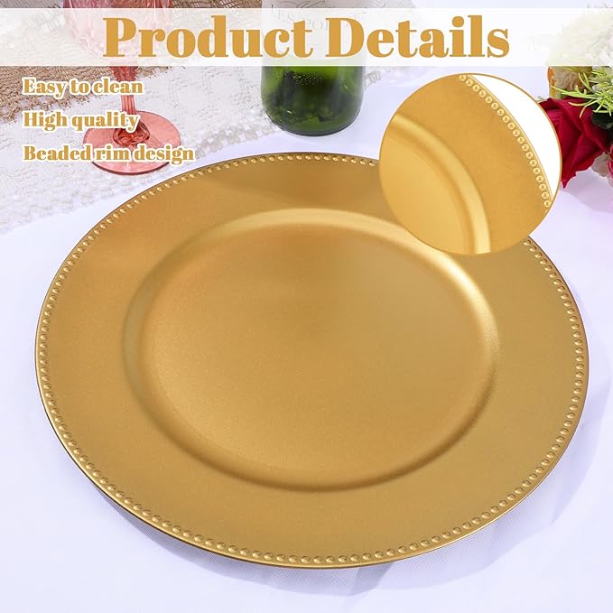 12 Pack Gold Plastic Charger Plates, 13 Inch Round Beaded Decorative Dinner Chargers for Wedding, Party, Table Setting and Event Decor