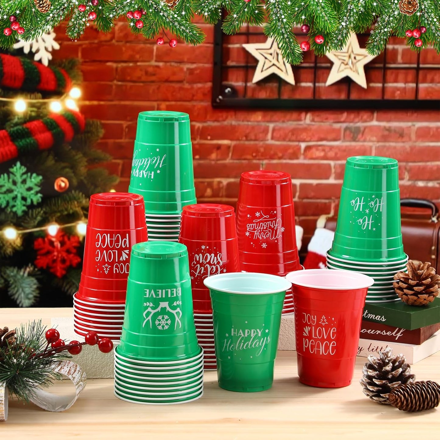 Sliner 60 Pcs 16 oz Christmas Plastic Disposable Cups Bulk Snowflake Elk Star Christmas Tree Drinking Cups for Xmas Birthday Party Supplies