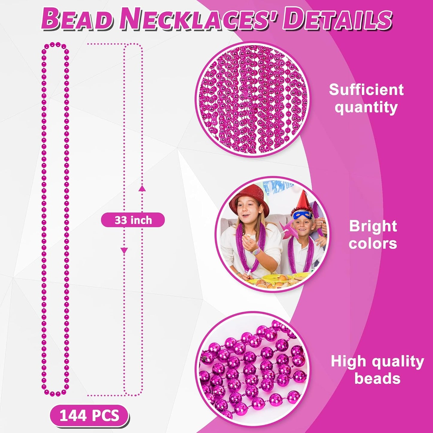 144PCS Bead Necklace, Mardi Gras Pink Bead Necklaces Party Favors, Metallic 33" Mardi Gras Round Beaded Necklace Stuff, Festival Parade Throw Accessories for Wedding Gender Reveal Party Supplies Decor