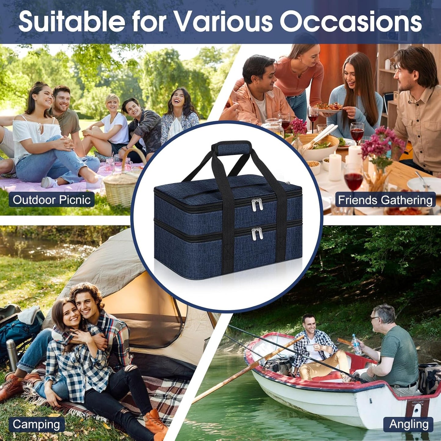 Double Insulated Casserole Carrier, Portable Casserole Carrier for Hot or Cold Food Lunch Tote Warmer or Cooler Bag, Lasagna Lunch Bag for Potluck Parties- Fits 9" x 13" Baking Dish-Navy blue