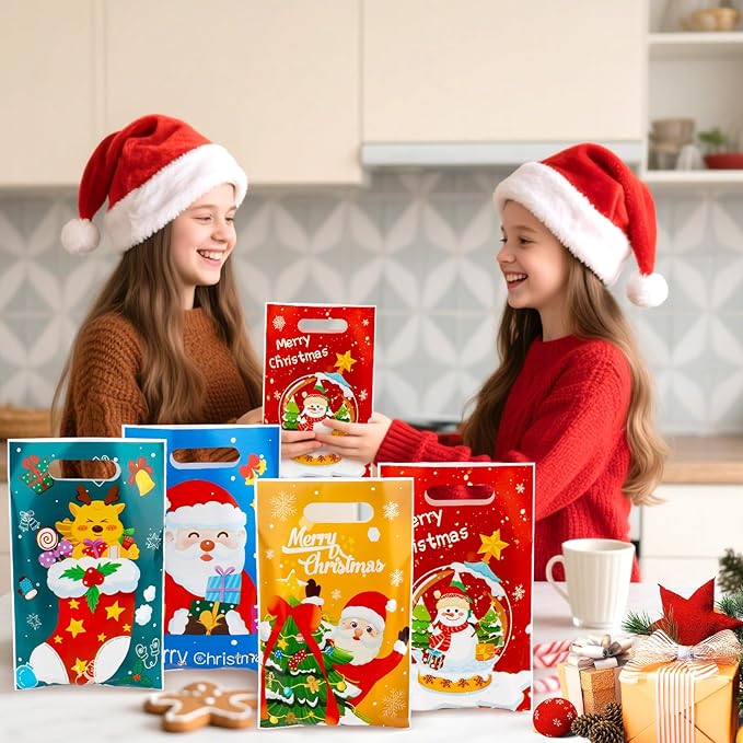 Christmas Treat Bags with Handles, 60 PCS Christmas Goodie Bags, Xmas Gift Bag, Plastic Snowman Santa Claus Candy Goody Cookie Snack Bag Holiday Party Favor Bag for Xmas Winter Party Favor Supplies