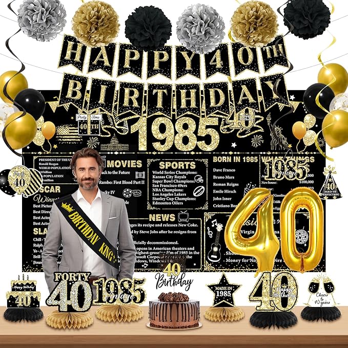 40th Birthday Decorations Men, Black Gold Back In 1985 Birthday Banner Decorations, Vintage 40th Birthday Table Decorations, Cake Topper, Balloons, Backdrop, Sash Party Supplies for Men
