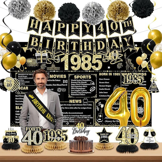 40th Birthday Decorations Men, Black Gold Back In 1985 Birthday Banner Decorations, Vintage 40th Birthday Table Decorations, Cake Topper, Balloons, Backdrop, Sash Party Supplies for Men