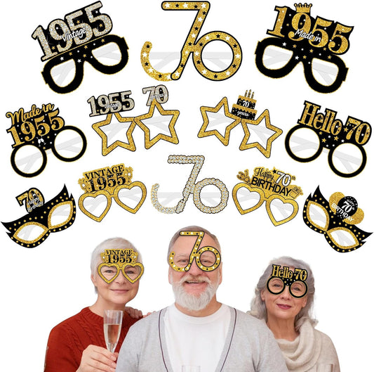 24Pcs 1955 70th Birthday Paper Glasses Decorations for Men Women - Black Gold Happy 70th Birthday Paper Eyeglasses Photo Props, Vintage 1955 Seventy Years Old Birthday Party Supplies