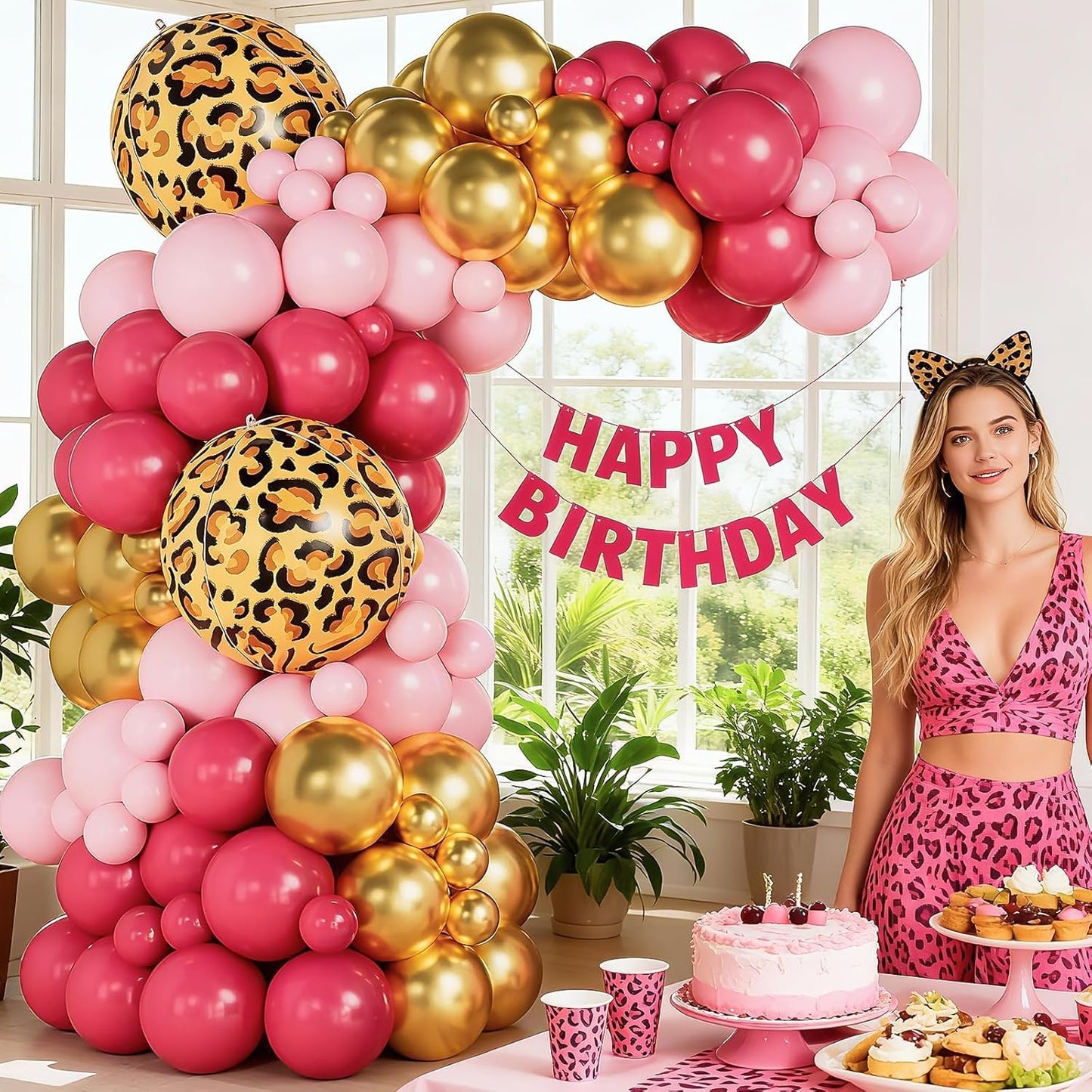 Pink Gold Cheetah Print Balloon Arch Kit, Pastel Hot Pink Chrome Gold Balloons Garland with Large Leopard Print Foil Balloons, for Baby Shower Girls Cheetah Jungle Animal Birthday Party Decorations