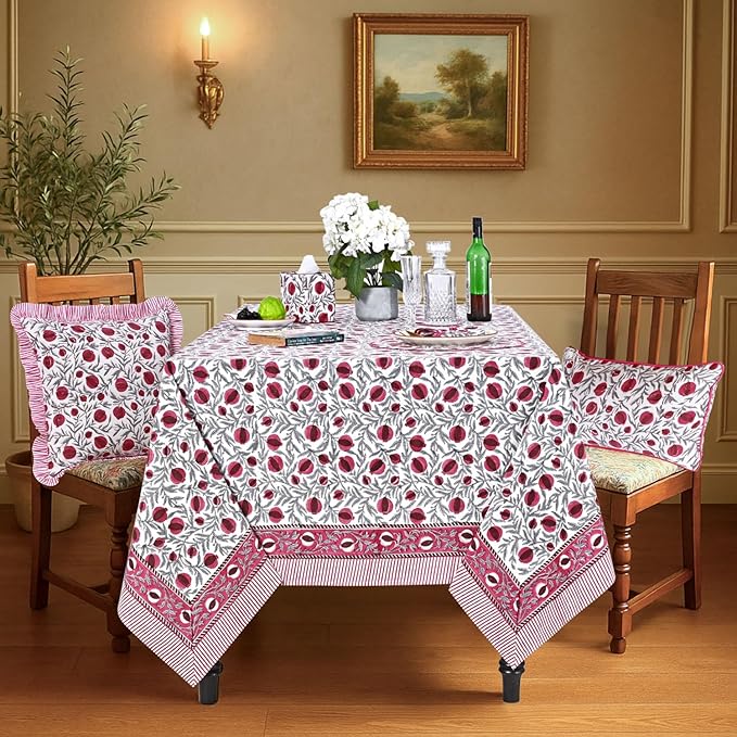 Ridhi Hand Block Print Sangria Red Rectangle Cotton Tablecloth 190" x 72" Reusable Table Cover Decorative Everyday Use for Dining, Farmhouse, Home Gift for Spring, Easter, Valentine