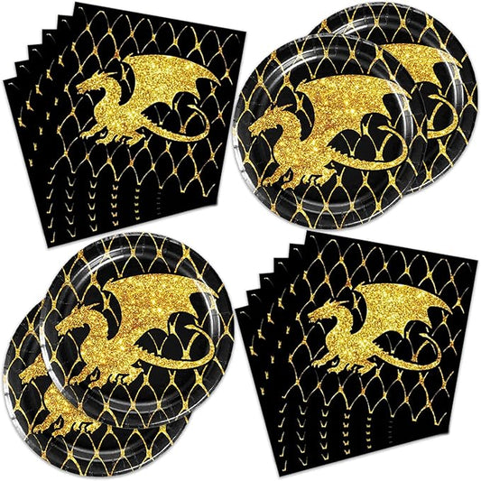 40Pc Gold Black Dragon Party Plates and Napkins for 20 Guests - Tableware Black and Gold Dragon Supplies for Fantasy Baby Shower Birthday Party Decorations