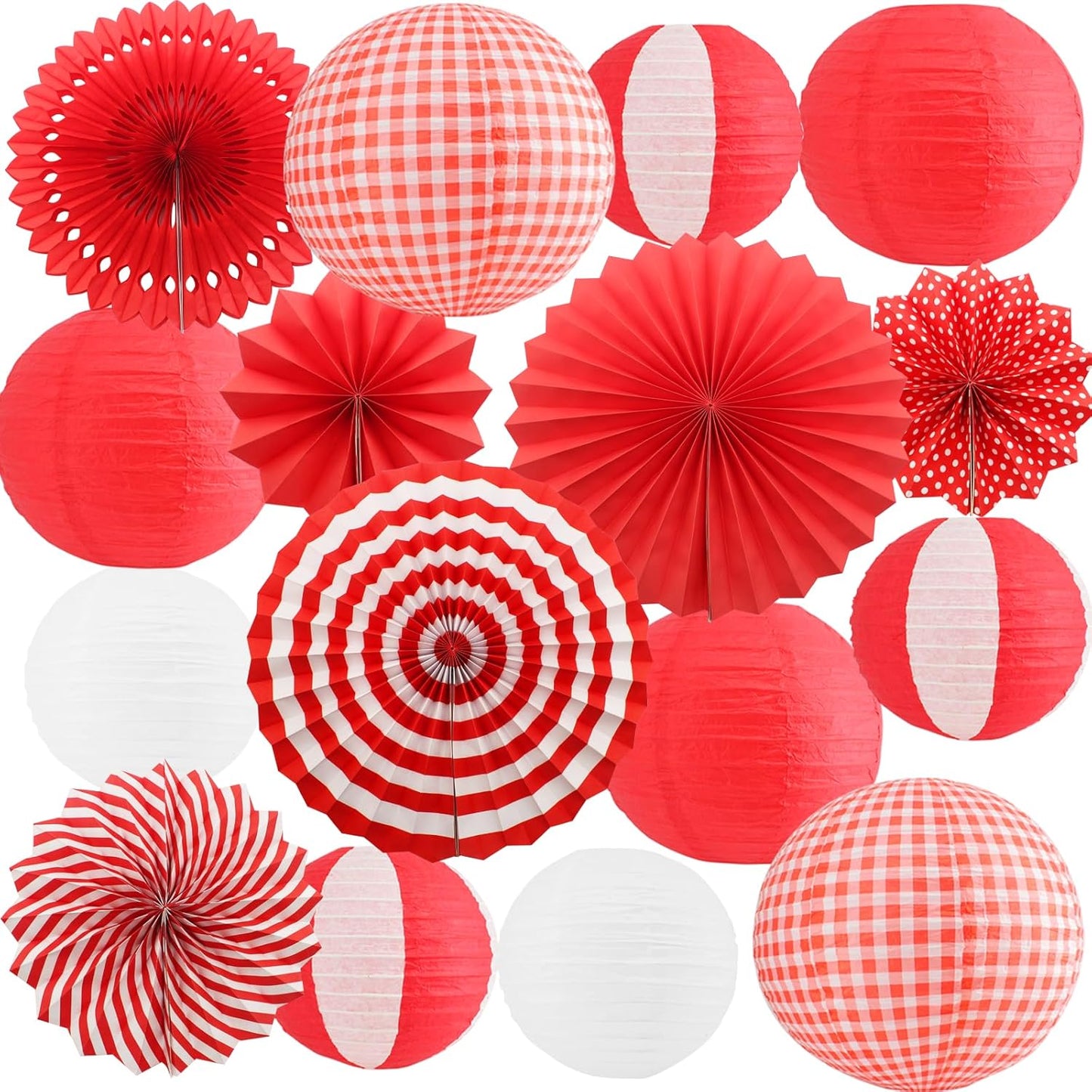 16 Pcs Picnic Party Decorations, Red and White Paper Lanterns & Hanging Paper Fans, Red Gingham Party Supplies for Picnic Carnival I Do BBQ Pizza Hot Dog,Italian Party Decor