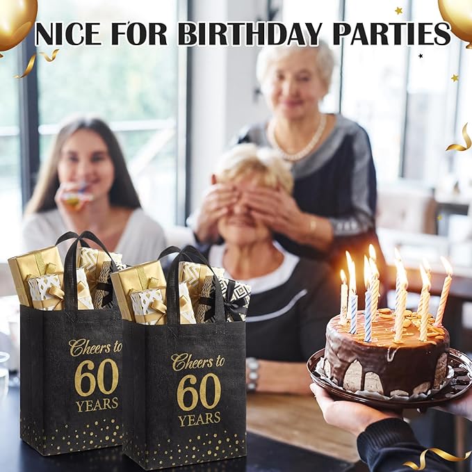 Supervitae 24 Cheers to 60 Years Gift Party Bags Medium Black and Gold Party Decoration Supplies Reusable Non Woven Totes for Birthday Anniversary Wedding Favor(9.8" x 7.9" x 3.9")