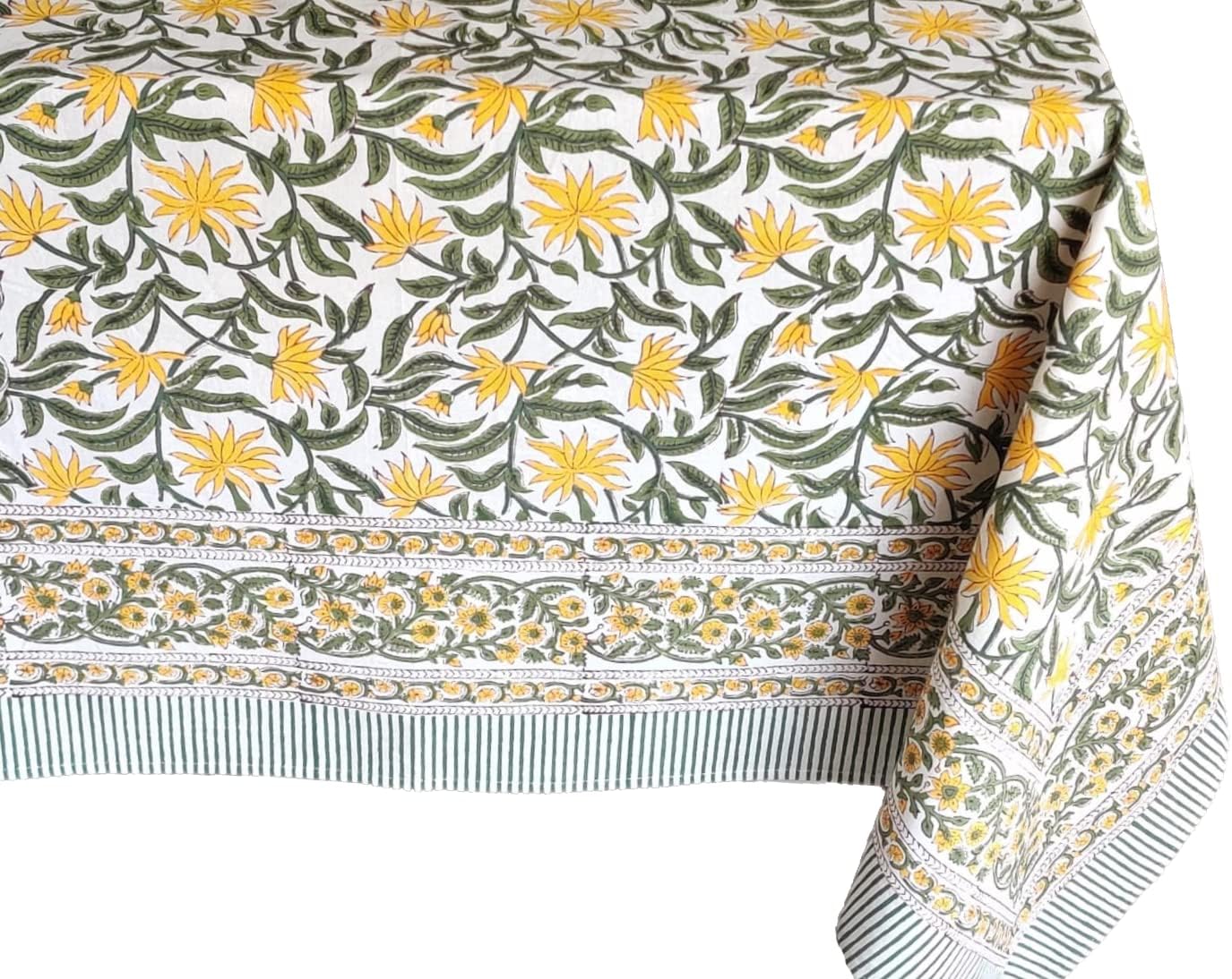 ATOSII Noor 100% Cotton Rectangle Spring Tablecloth, Handblock Floral Print Linen Table Cloth for Kitchen Dining I Parties, Outdoors, Weddings, Easter Holidays I 72 X 140 Inches I 12 Seater
