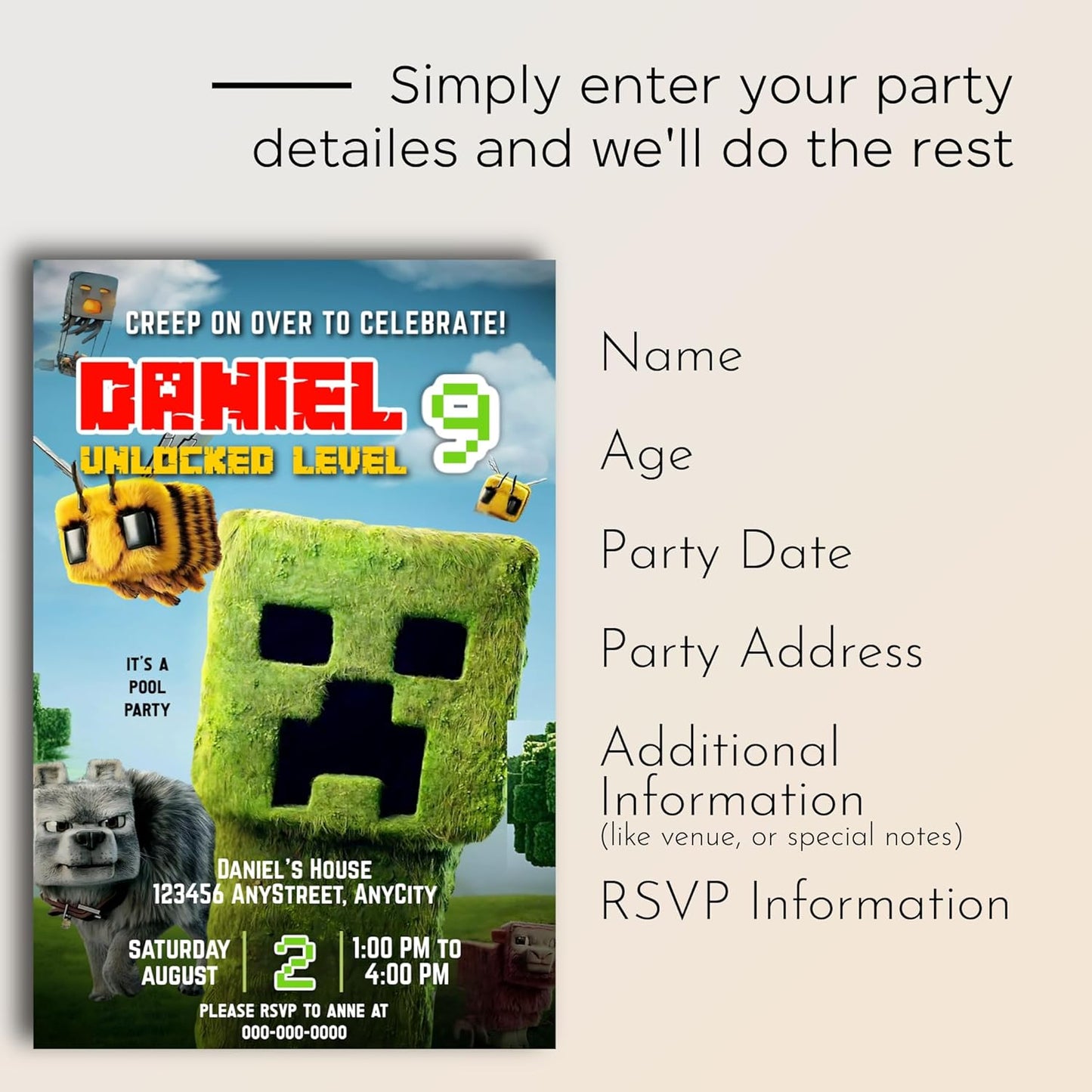 Fully Customizable minecraft Birthday Party Invitations, 4 x 6 inches, with Self-Sealing Envelopes, Gaming Theme Design, minecraft Birthday Invitations for Boys and Girls (Mnecraft/Creeper)