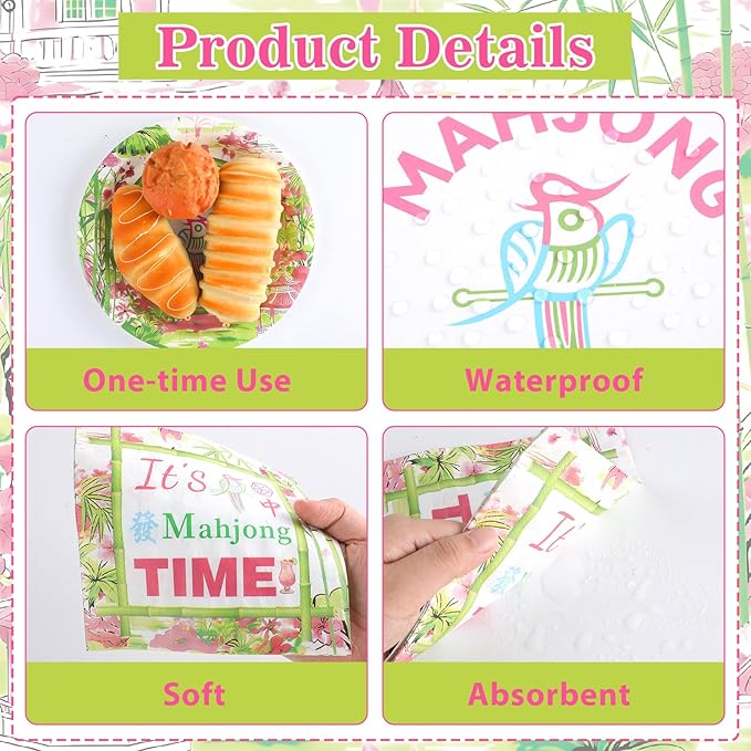OBUSATT 96Pcs Mahjong Party Supplies Mahjong Paper Plates Napkins and Forks Mah jong Birthday Party Decorations Green and Pink Dinnerware for Home Special Events Game Night Tableware Serves 24