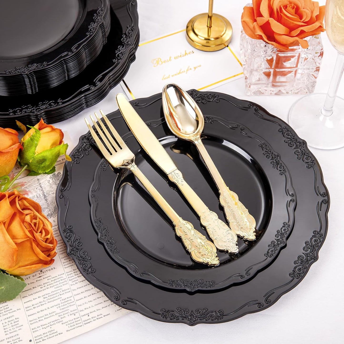 DaYammi 150Pcs Black Plastic Plates & Gold Plastic Silverware,Black Disposable Plates Set Include 30 Dinner Plate, 30 Dessert Plate,30 Golden Knives,30 Gold Forks,30 Golden Spoons for New Year Party