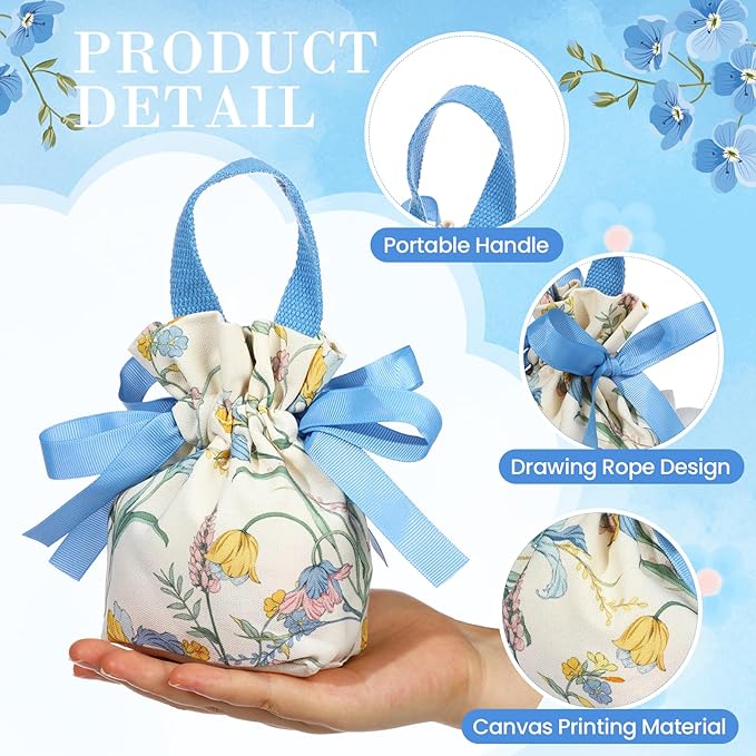 Liobelon 8 Pieces Floral Mini Gift Bags with Handles 14x9.5x6cm/5.5x3.7x2.3inch Canvas Candy Bag Tea Party Favor Bags for Party, Wedding, Bridal Shower, Valentine's Day, Mother's Day Jewelry Bag