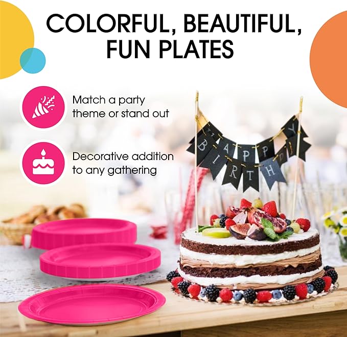 Exquisite Hot Pink Paper Plates Disposable Heavy Duty 9 Inch Hot Pink Disposable Plates For Party 100 Pcs Heavy Duty Paper Plate 350 GSM, Birthday Party Supplies Plate Set