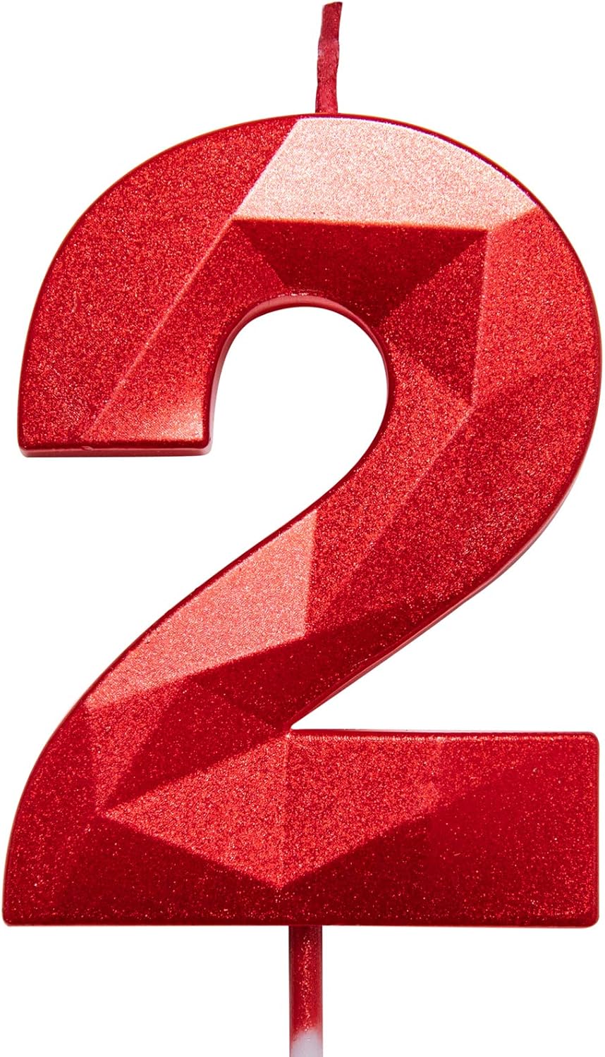 2.75in Tall 3D Diamond Shape Bright Red 2 Candles, Red Color Happy Birthday Cake Toppers Decorating and Celebrating for Adults/Kids Party/Family Baking (Bright Red Diamond Shaped 2.75in Number 2)
