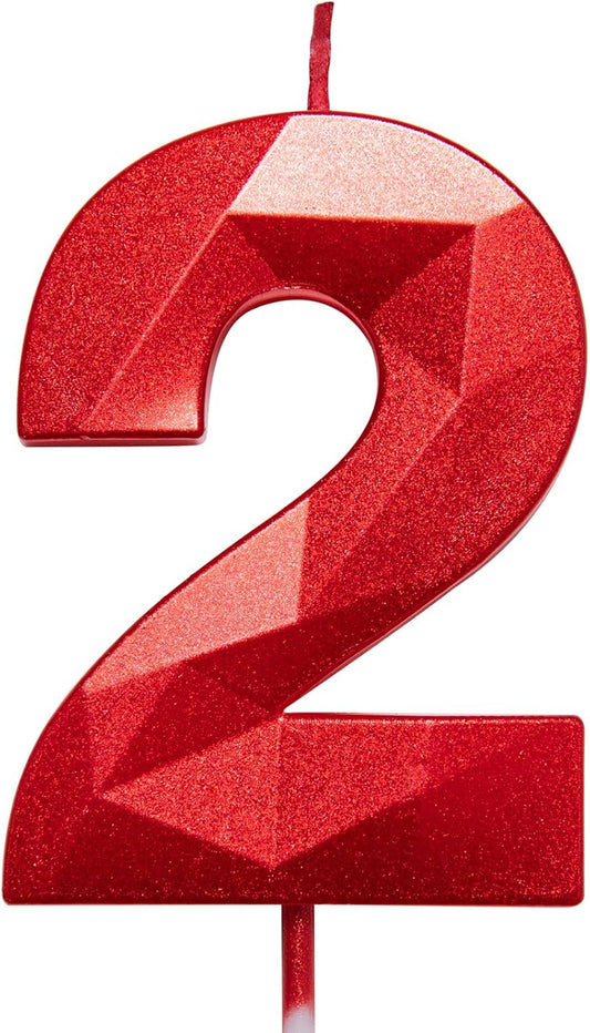 2.75in Tall 3D Diamond Shape Bright Red 2 Candles, Red Color Happy Birthday Cake Toppers Decorating and Celebrating for Adults/Kids Party/Family Baking (Bright Red Diamond Shaped 2.75in Number 2)