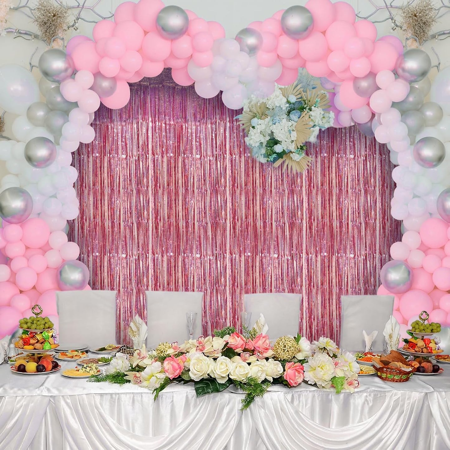 Accevo Pink Party Streamers 3Pack Glitter Foil Fringe Curtain 3.2ft x 8.2ft Pink Party Decor Photo Booth Streamers Metallic Tinsel Door Streamer for Valentines Day Decorations Christening Party Decor