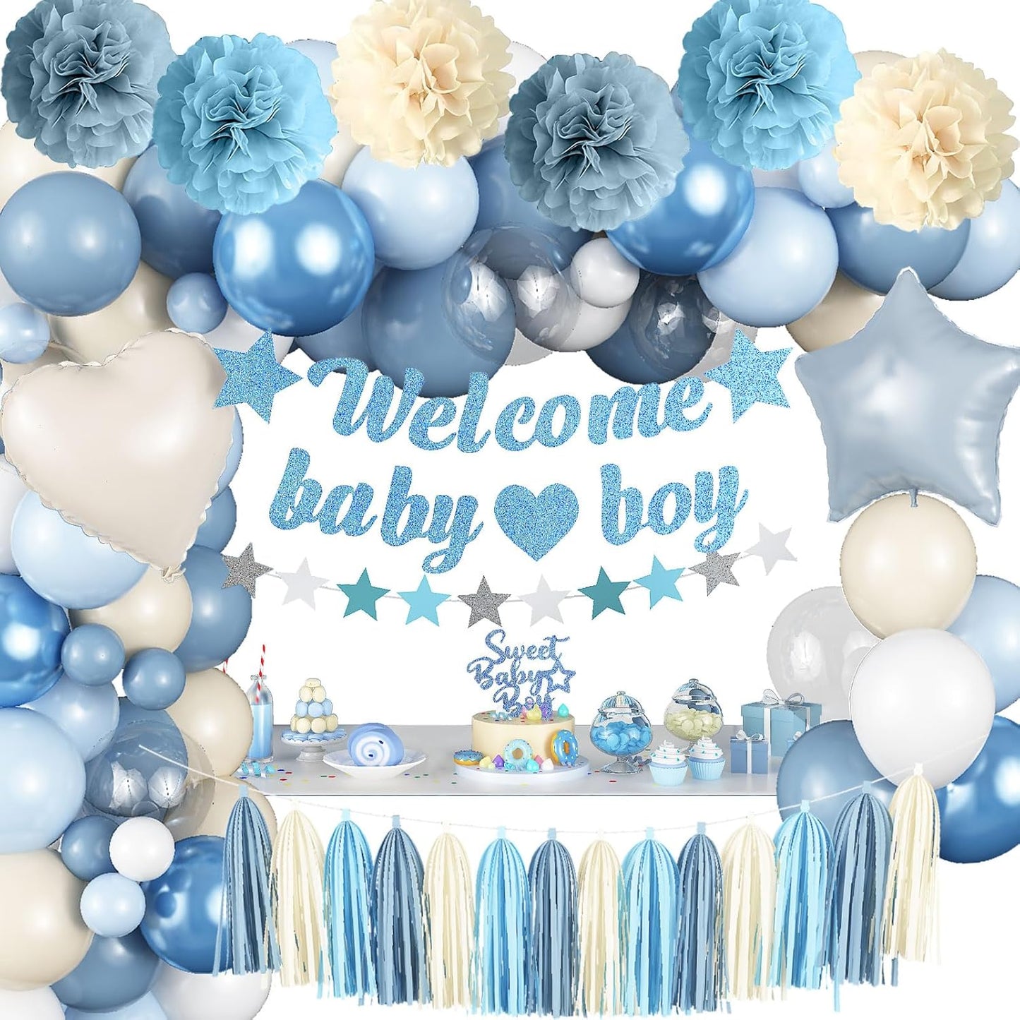Dusty Blue Baby Shower Decorations for Boy, Welcome Baby Boy Banner Slate Light Metallic Blue White Sand Latex Balloons with Pom Poms Cake Topper Tassel for Boho Baby Shower Birthday Party Supplies