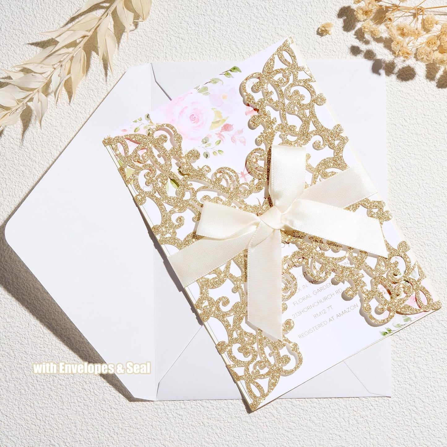 50Pcs Glitter Floral Laser Cut Wedding Invitation Cards with Envelope Blank Inner Sheet and Ribbon for Wedding Engagement Bridal Shower Party Invite(7.09 X 4.92inch, Rose Gold)