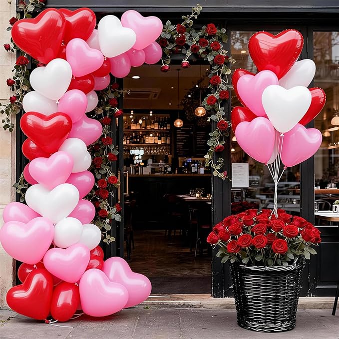 Heart Balloons Latex Red Pink White Heart Shaped Balloons Romantic Valentines Day Balloon Set for Proposal Engagement Wedding Galentines Bridal Shower Mothers Birthday Party Decorations 10 Inch
