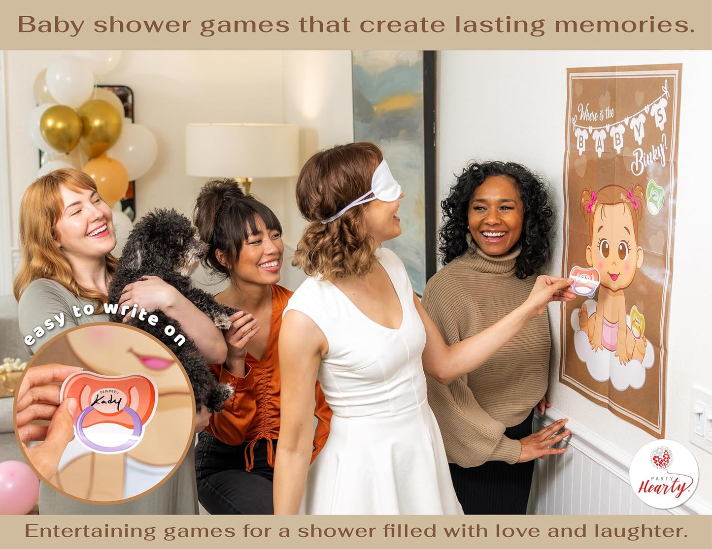 Party Hearty Funny Baby Shower Games for Girl - Pin The Pacifier on The Baby Game, Where is The Binky, Pin The Dummy