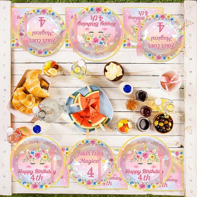 96PCS Four Ever Magical Party Paper Plates and Napkins Unicorn 4th Birthday Party Decor Rainbow Unicorn Plates Girls 4 Year Old Tableware Set for 24 Guests Magical 4th Birthday Gatherings Decorations