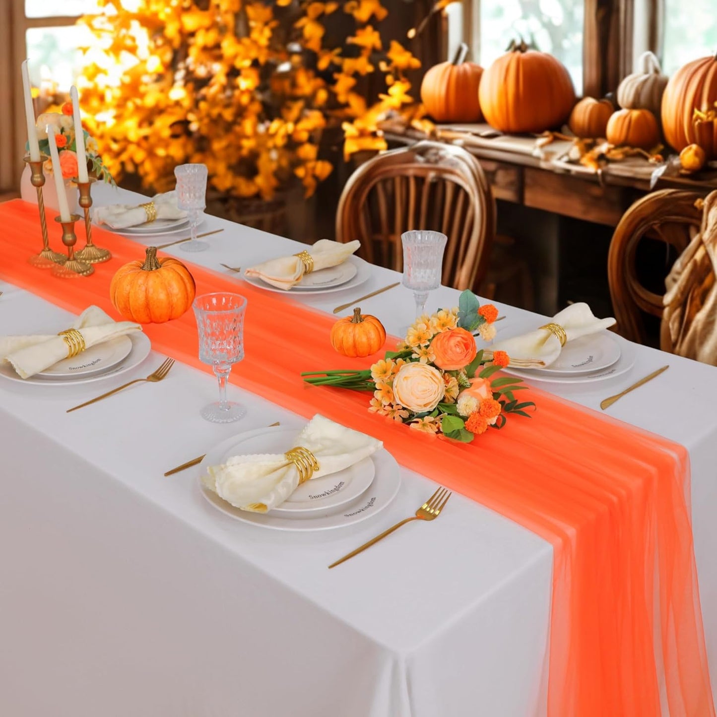 Snowkingdom Orange Fall Table Runner, Burnt Orange Gauze Sheer 10FT Long Tulle Thanksgiving Table Runners, Seasonal Autumn Harvest Cheese Cloth Decorations for Birthday Wedding Party 120inch