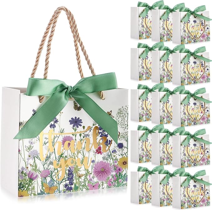 Moinchore 40 Pack Wildflower Thank You Gift Bags with Handles Small Thank You Party Favor Bags with Bow Wedding Welcome Tote for wedding Holiday Bridal Shower Party(Wild Floral)