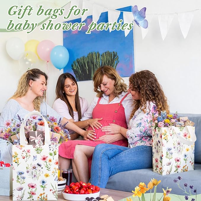 Supervitae 24 Pack Brightly Floral Gift Bags Medium Floral Party Favor Bags Reusable Totes Non Woven Goodie Totes for Spring Summer Wedding Birthday Baby Shower Family Travel(9.8" x 7.9" x 3.9")