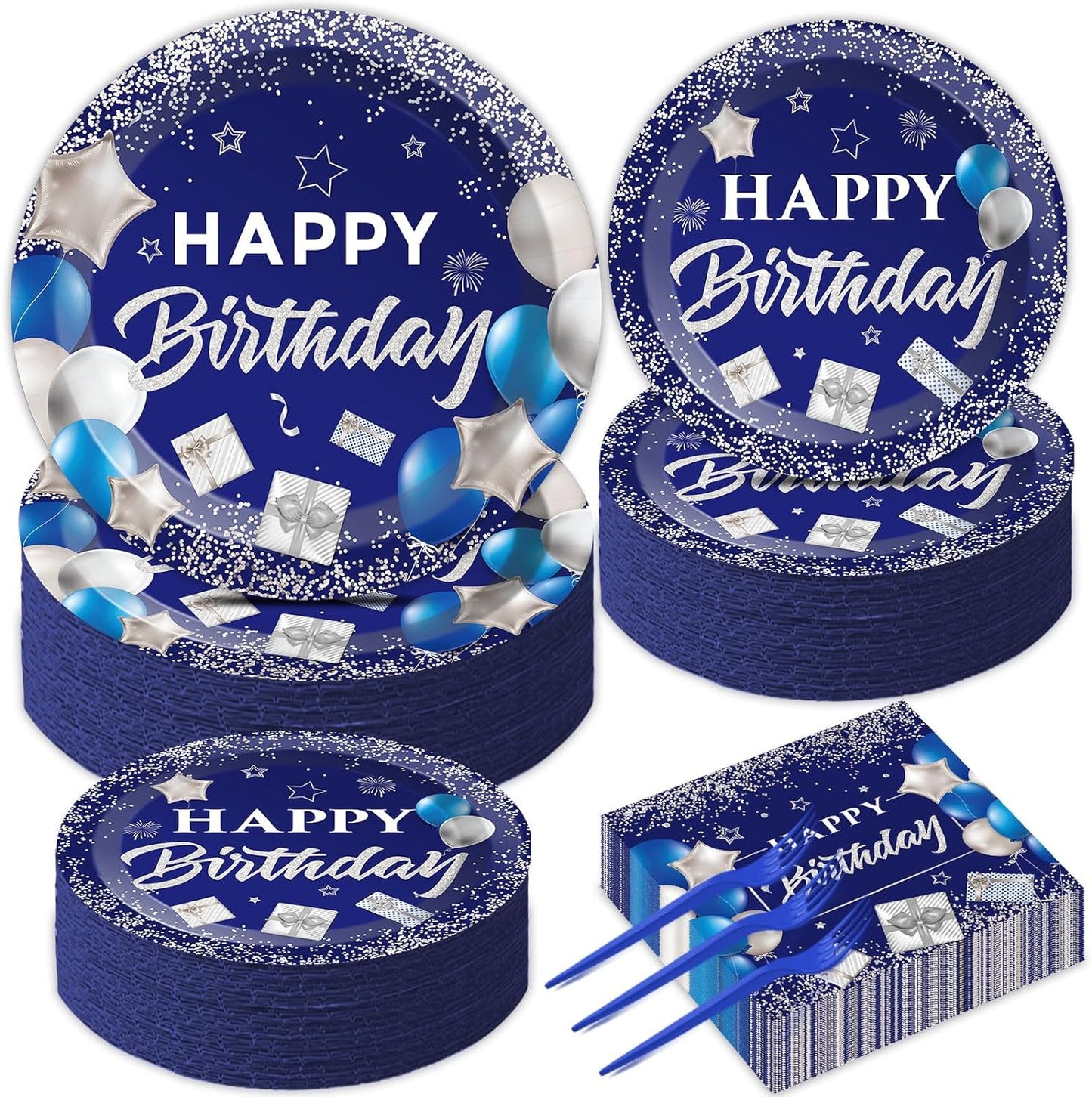 50 Guests Blue Birthday Plates Napkins Happy Birthday Plates Navy Blue and Silver Happy Birthday Plates for Men Women Disposable Paper Plates Napkins Forks Party Decorations Tableware Set 200 PCS