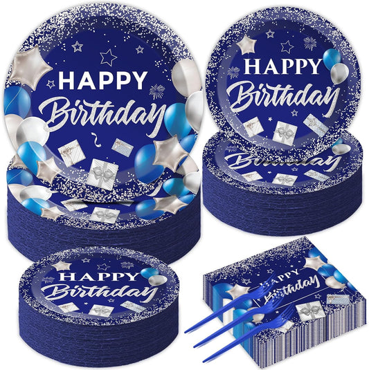 50 Guests Blue Birthday Plates Napkins Happy Birthday Plates Navy Blue and Silver Happy Birthday Plates for Men Women Disposable Paper Plates Napkins Forks Party Decorations Tableware Set 200 PCS