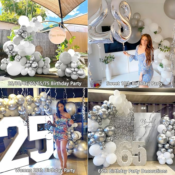 KARLURE White Silver Balloon Arch Kit Garland with Grey Clear Balloons for Birthday Engagement Wedding Baby Shower Confirmation Prom 25th Anniversary Decorations