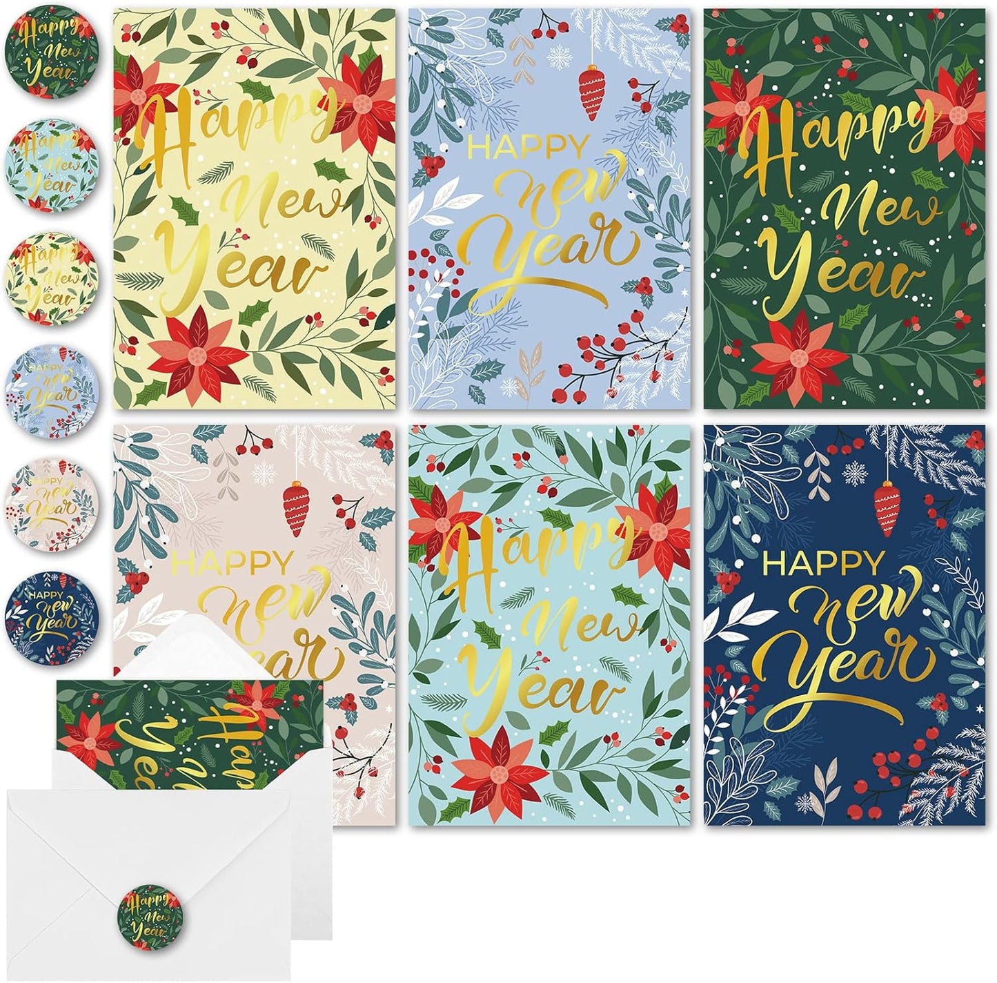 24 Pack Happy New Year Cards with Envelopes & Stickers - 5 * 7in Gold Foiled Happy New Year Greeting Cards 6 Design with Printed Message Inside for Family Friend Teacher Classmate