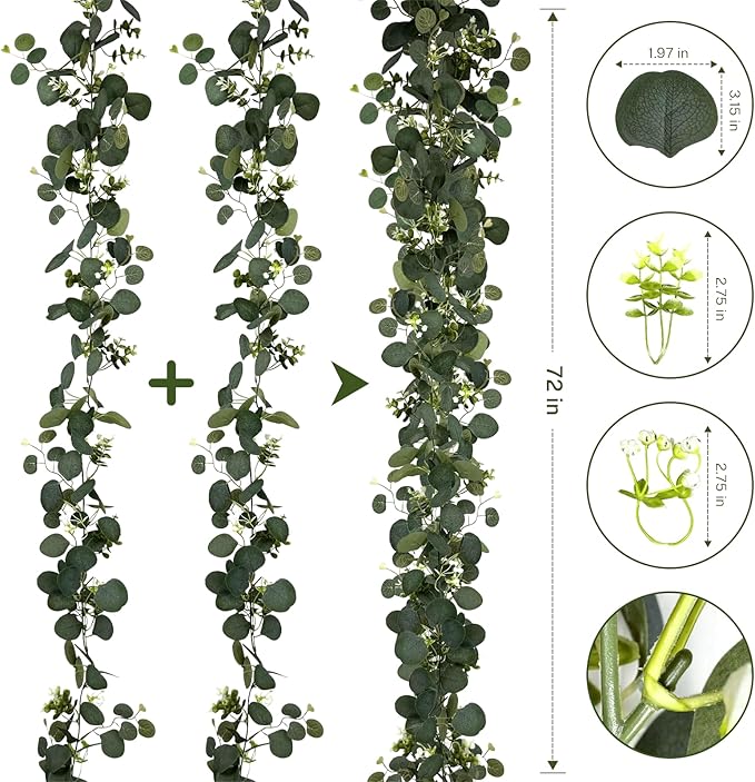 4Pcs Eucalyptus Garland with Lights, 6FT Green Flower Garland Decor, Artificial Faux Eucalyptus Leaves Greenery Vines for Table Runner Wedding Bedroom Mantle Centerpieces Backdrop Decorations (8)