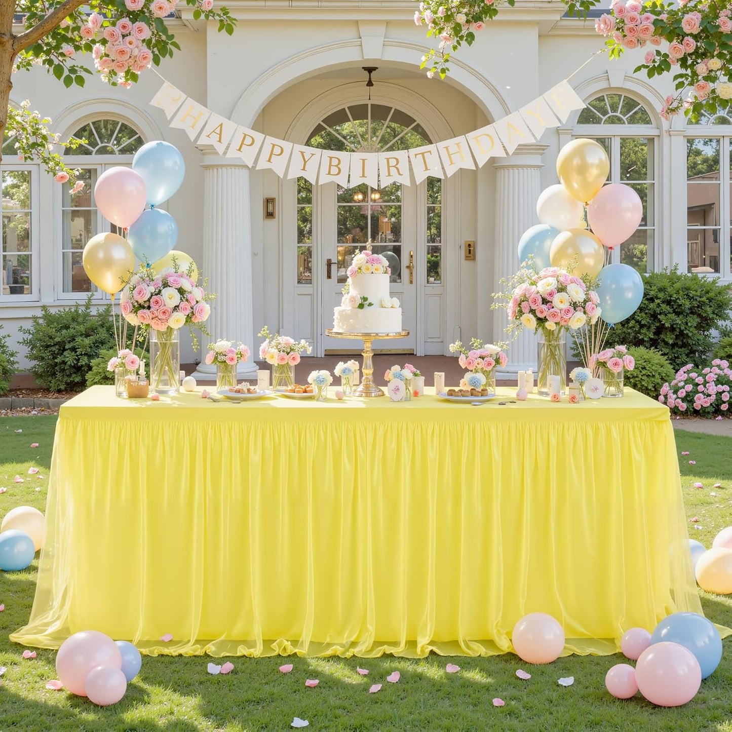 6 Pack Yellow Tulle Tablecloth for 8 Foot Rectangular Tables 8ft Yellow Rectangle Table Cloths Wrinkle Free Table Cover with Tutu Skirt for Birthday Cocktail Banquet Buffet Lemon Fruit Party Decor