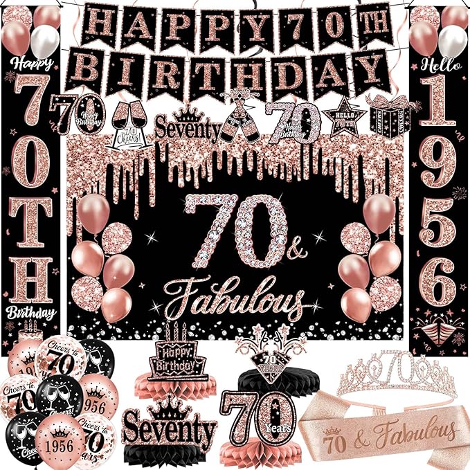 70th Birthday Decorations for Women, 38-Piece Black and Rose Gold 70 Years Old Party Supplies with Backdrop, Honeycomb Centerpieces, Banner, Hanging Swirls, Porch Banner, Balloons, Sash, Crown