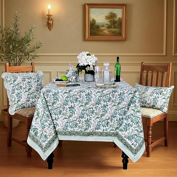 Ridhi Hand Block Print Sage Russian Green Rectangle Cotton Tablecloth 160" x 72" Reusable Table Cover Decorative Everyday Use for Dining, Farmhouse, Home Gift for Spring, Easter, Valentine