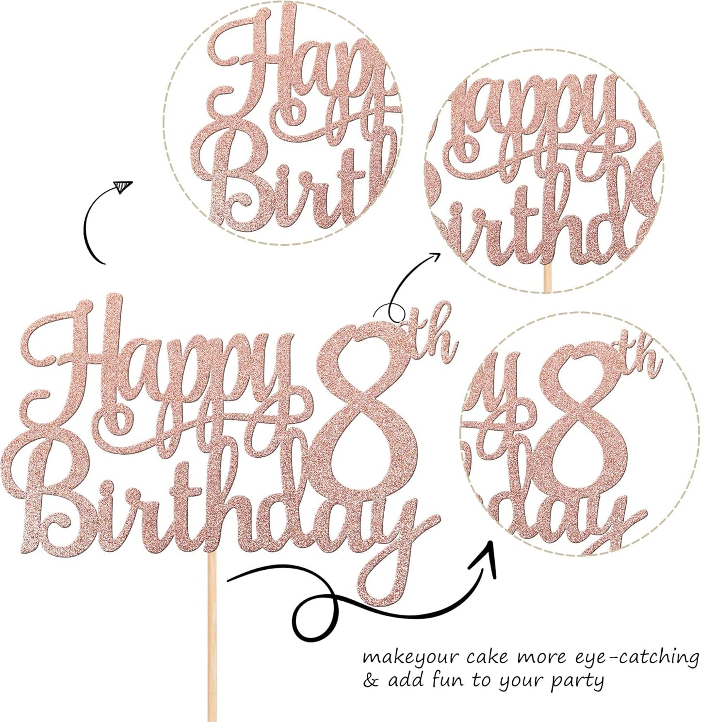 1 PCS Happy 8th Birthday Cake Topper Glitter Cheers to 8 Years Cake Pick Number 8 Fabulous Cake Decoration for 8th Birthday Party Decorations Supplies Rose Gold