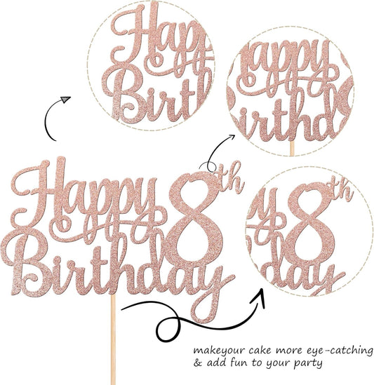 1 PCS Happy 8th Birthday Cake Topper Glitter Cheers to 8 Years Cake Pick Number 8 Fabulous Cake Decoration for 8th Birthday Party Decorations Supplies Rose Gold