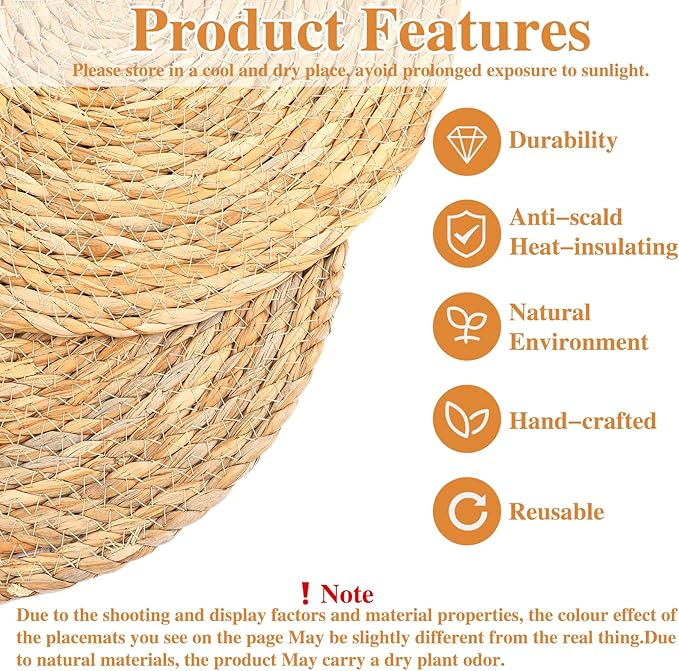 Set of 16 Round Woven Rattan Placemats, 12 Inch Boho Farmhouse Table Mats Natural Cattail Charger Plates for Dining Table Decor Heat-Resistant Braided Place Mats