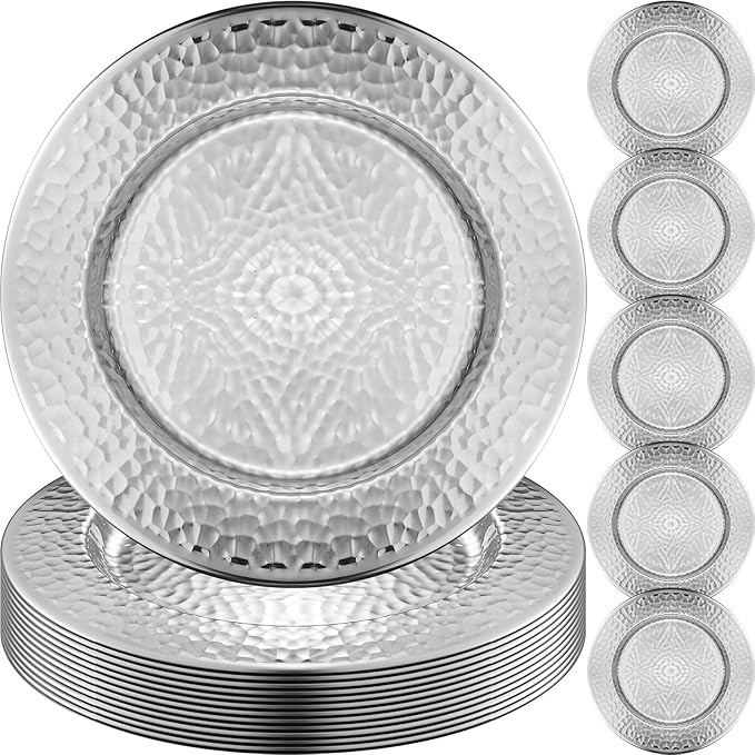 12 Packs Chargers Plates Bulk 13 Inch Stainless Steel Hammered Rim Round Elegant Dinner Plates Luxury Decorative Chargers for Wedding Party Catering Upscale Events (Silver)