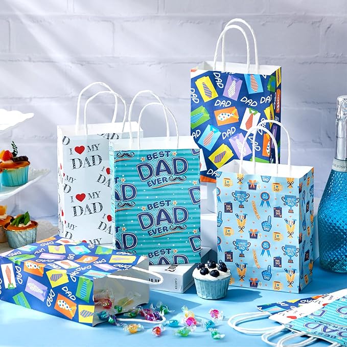 Gilprop 24 Pcs Father's Day Gift Bags Bulk Dad Party Supplies, 8 Inch Happy Father's Day Paper Treat Goodie Bags with Handle, Dad Ever Gifts Favors for Him Birthday Anniversary