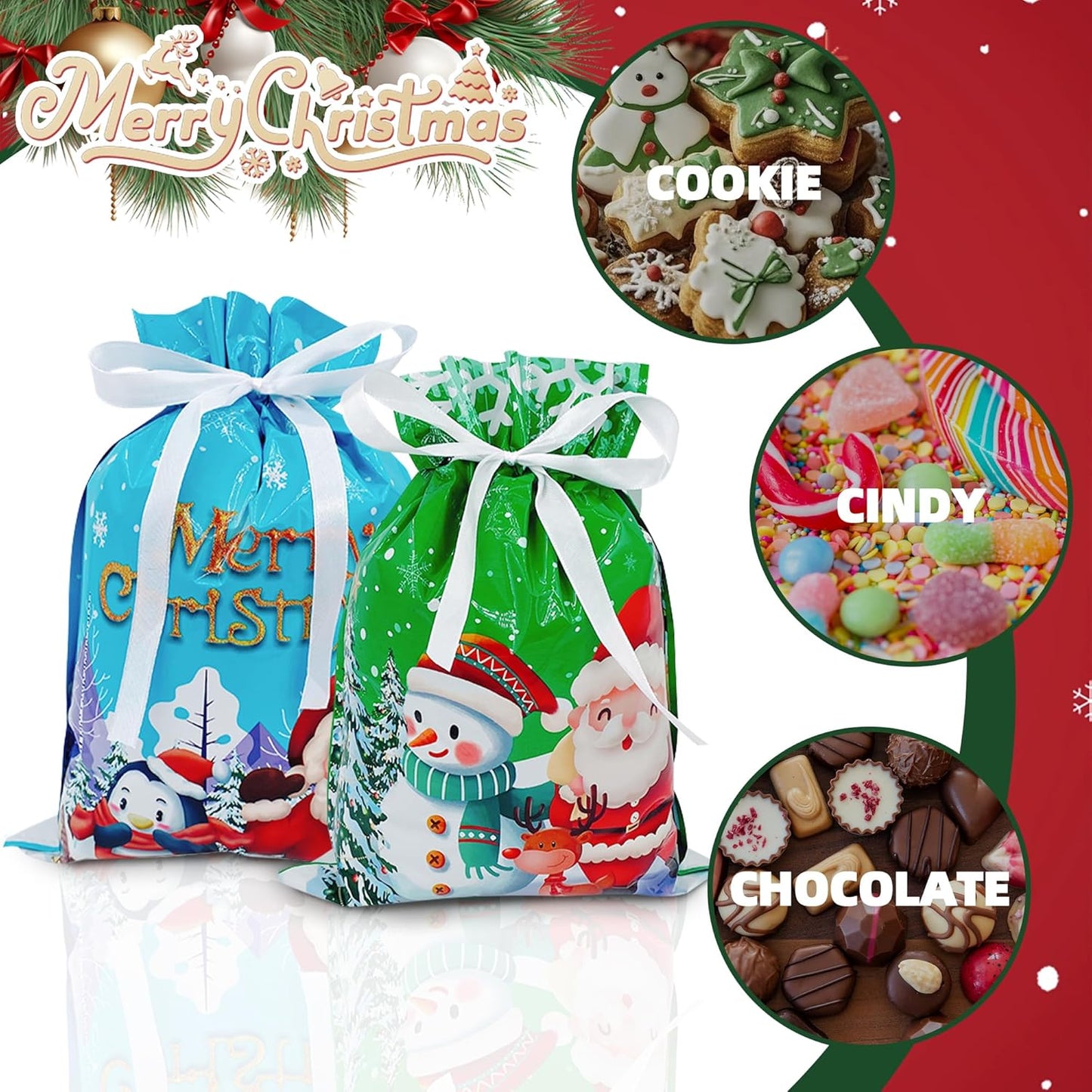 Christmas Gift Bags, 24pcs Drawstrings Christmas Gifts Bags Bulk Assorted Sizes, Reusable Plastic Xmas Presents Wrapping Holiday Goody Bag With Ribbon Ties&Tags, Extra Large/Big/Medium/Small Size